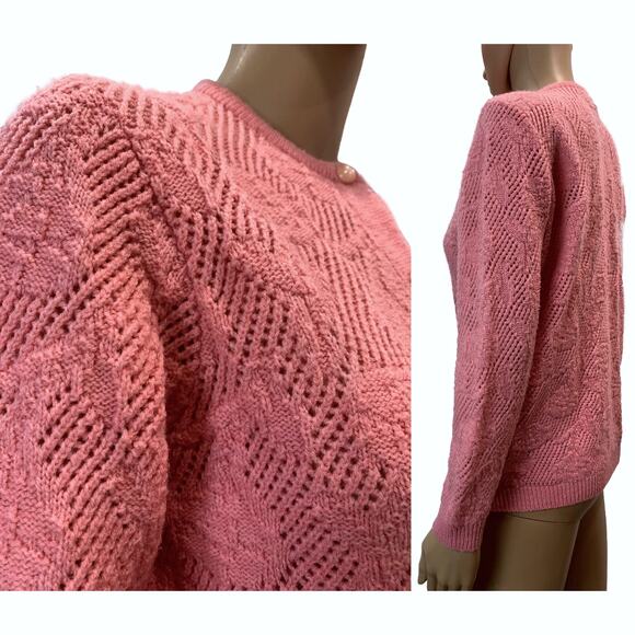 70s Granny Cardigan Pink/Salmon Open Knit Floral Sweater | S - Picture 10 of 12